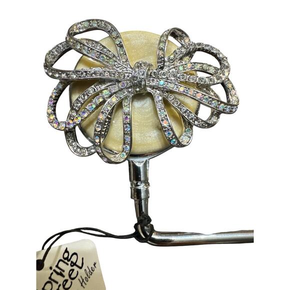 SPRING STREET PURSE HOOK RHINESTONE BOW HANDBAG HANGER SILVER TONE HOLDER - Picture 2 of 4